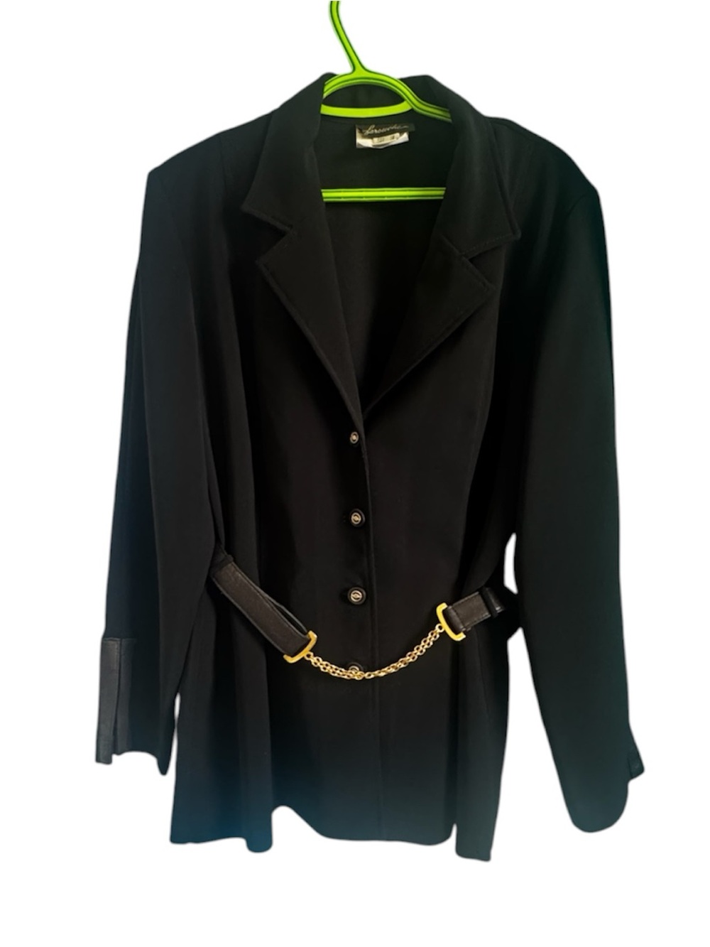 VINTAGE FAROUCHE Black Blazer Jacket Chain Belt Button Front 90s Size 16